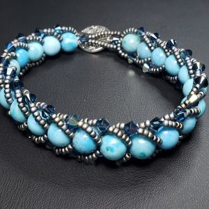 Handmade turquoise blue Amazonite beaded bracelet w/ Swarovski crystal bicones